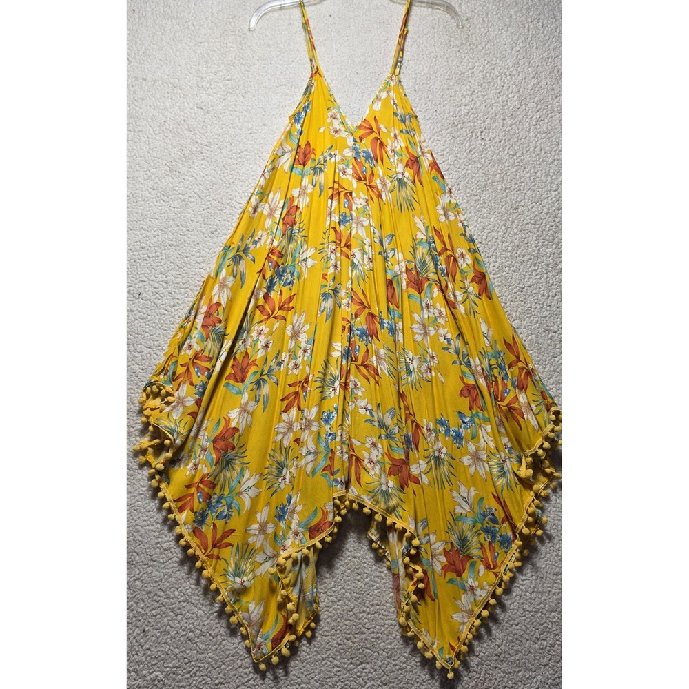 Goa Beachwear by Japna Yellow Tropical Floral Pom Pom Handkerchief Romper M